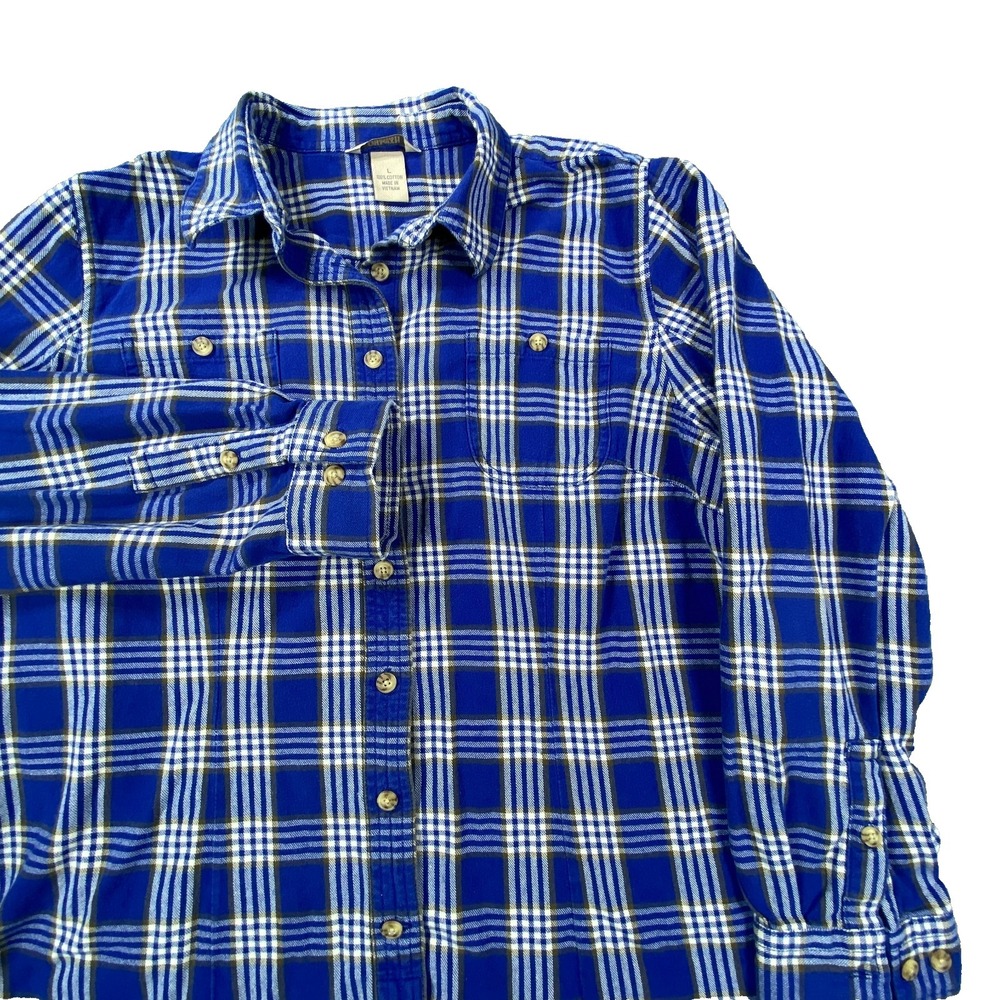 Duluth Trading Co Flannel Shirt Womens Large Blue Plaid Long Sleeve Soft Casual